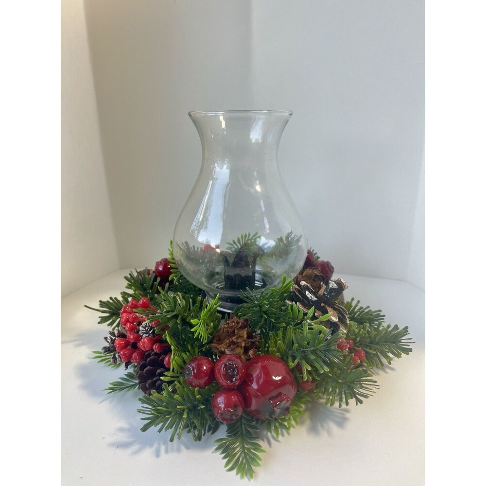 Holiday Hurricane Candle Holder Centerpiece- Vintage Plastic Greenery